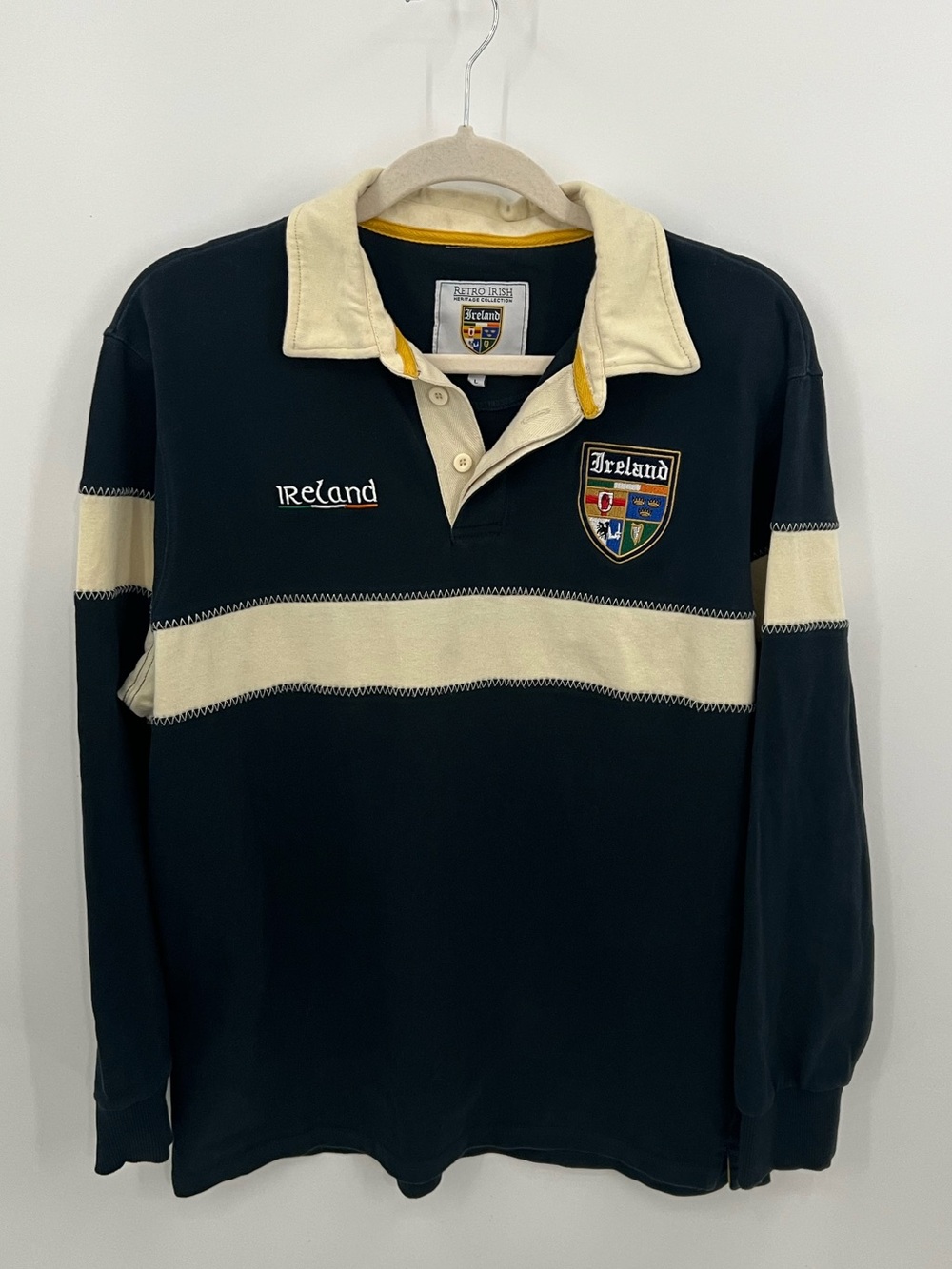 Ireland Crest Long-Sleeve Rugby Polo Shirt - Navy Blue & Cream